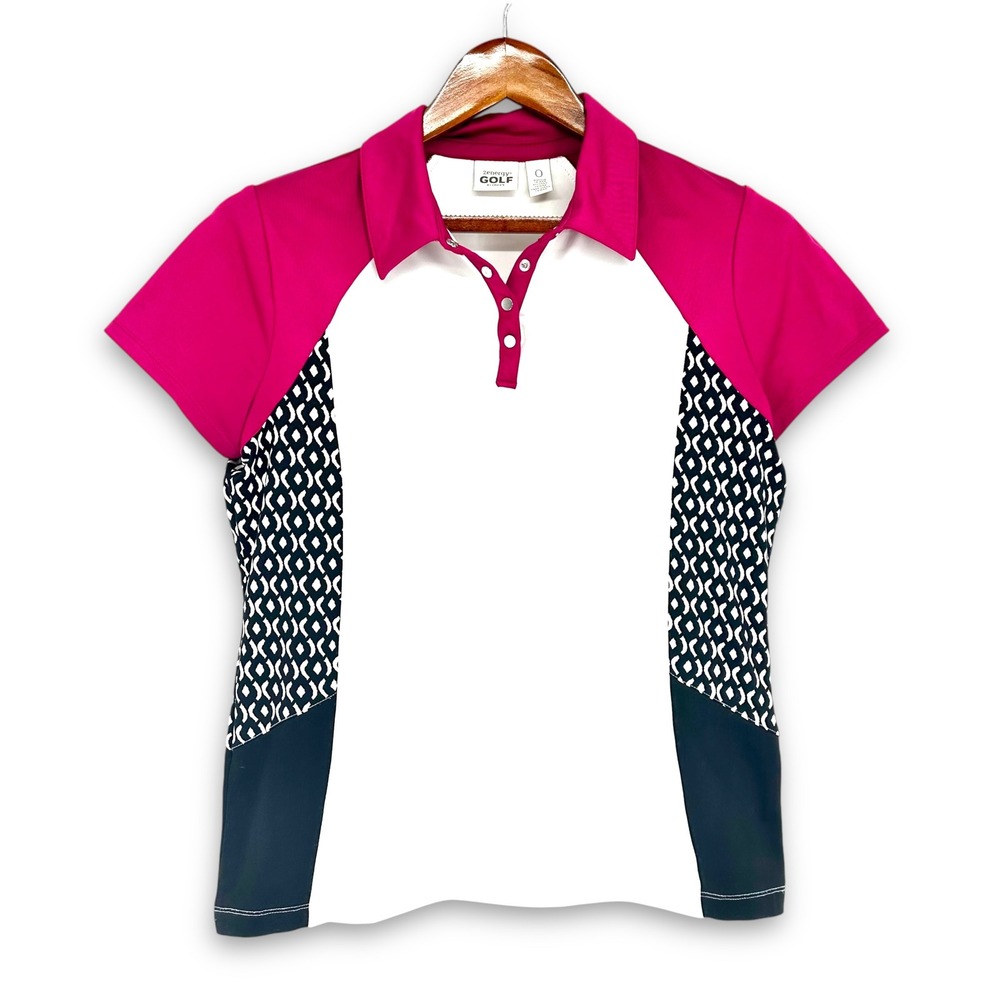 Chico's Zenergy‎ Golf Polo Sz 0 (S) Stretch Pink Black White Geometric UPF Snaps